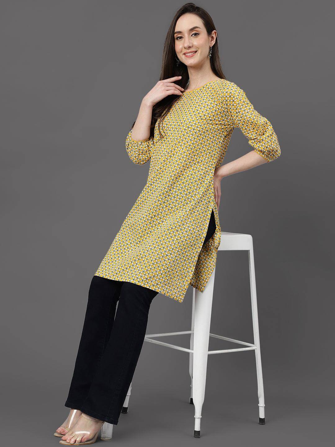 Yellow Cotton Ethnic Motifs Regular Tunic