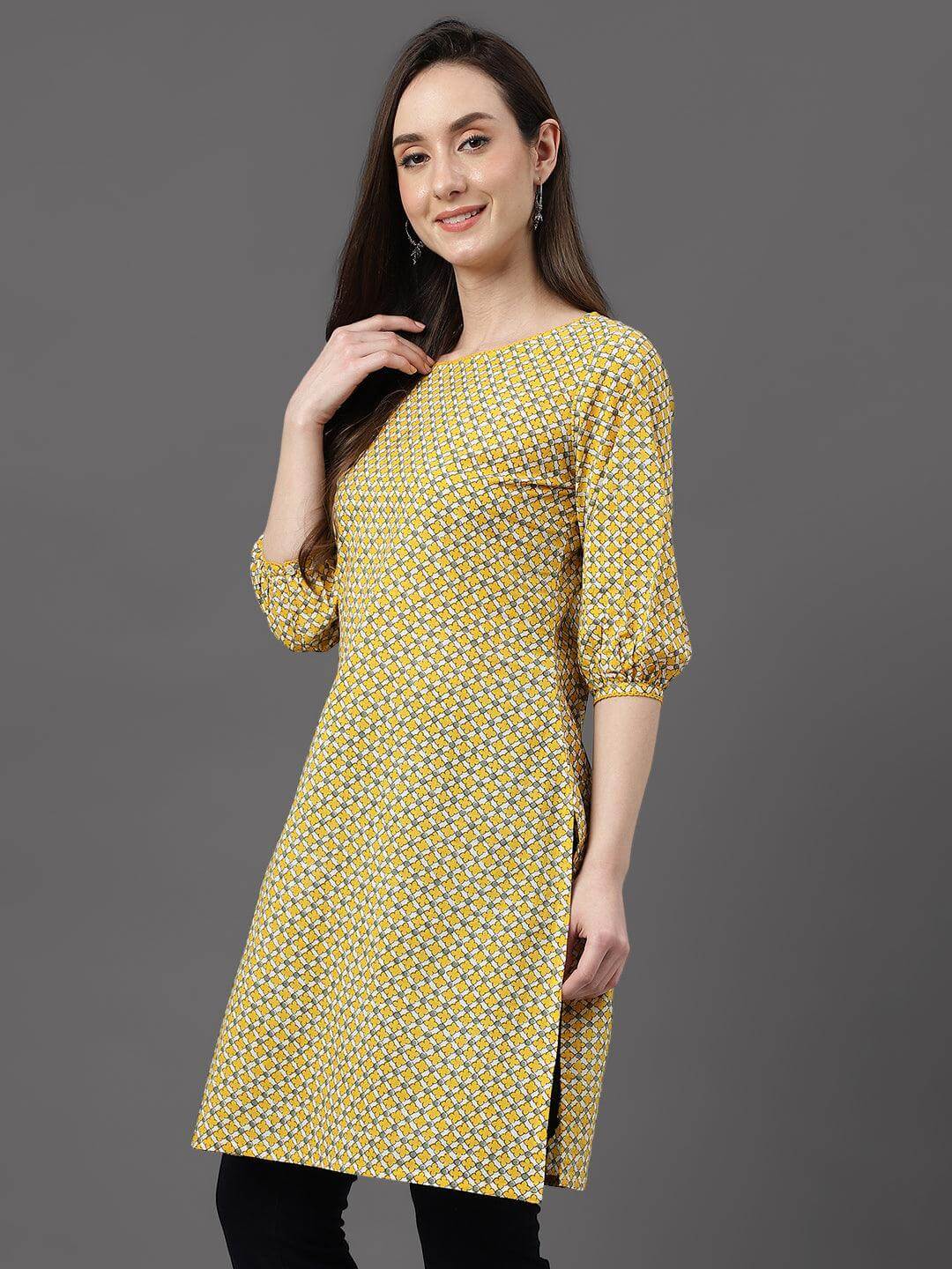 Yellow Cotton Ethnic Motifs Regular Tunic