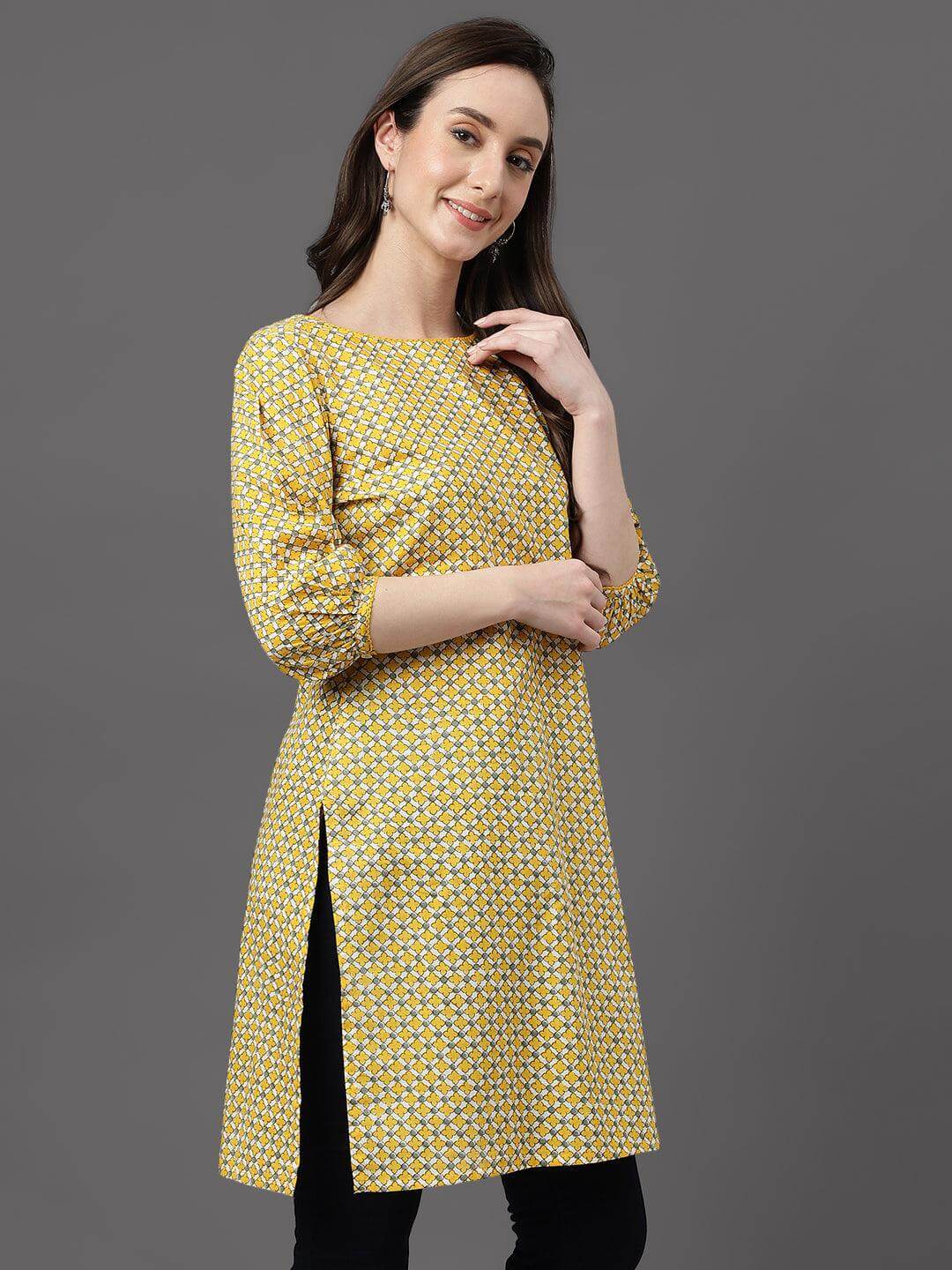 Yellow Cotton Ethnic Motifs Regular Tunic