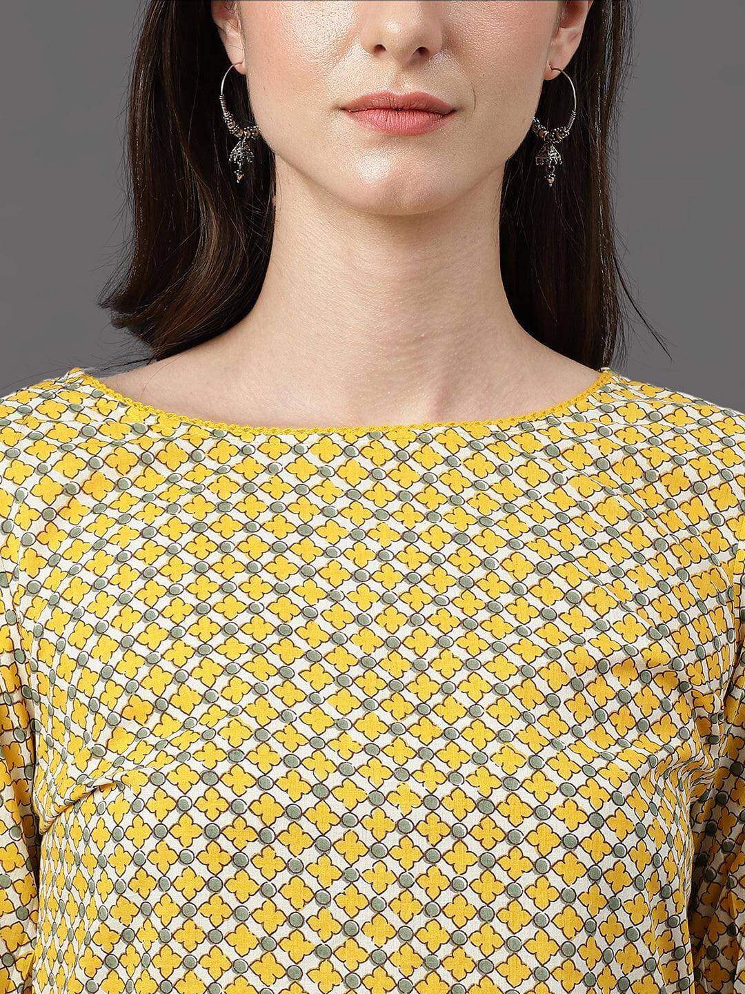 Yellow Cotton Ethnic Motifs Regular Tunic