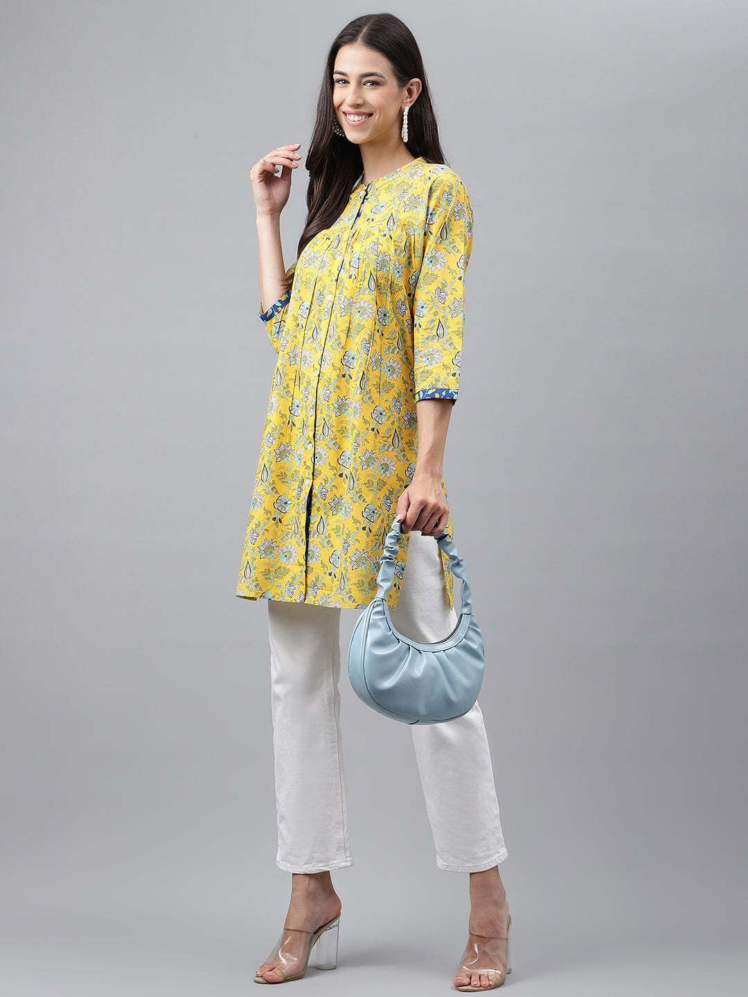 Yellow Cotton Floral Print Empire Tunic