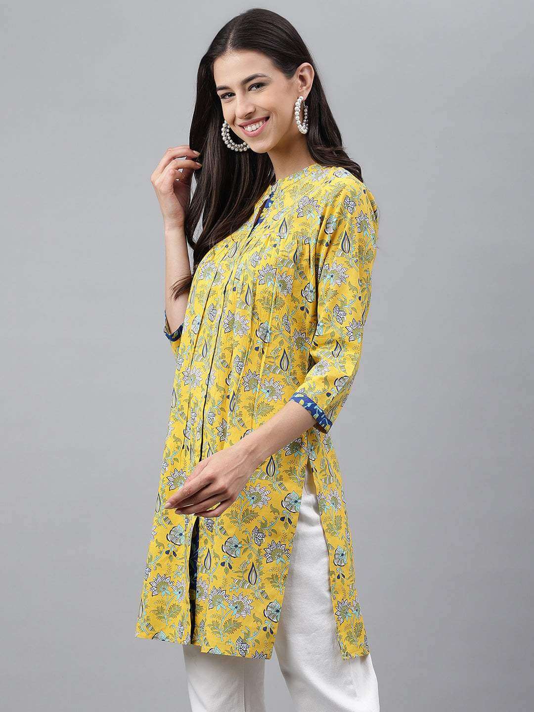 Yellow Cotton Floral Print Empire Tunic