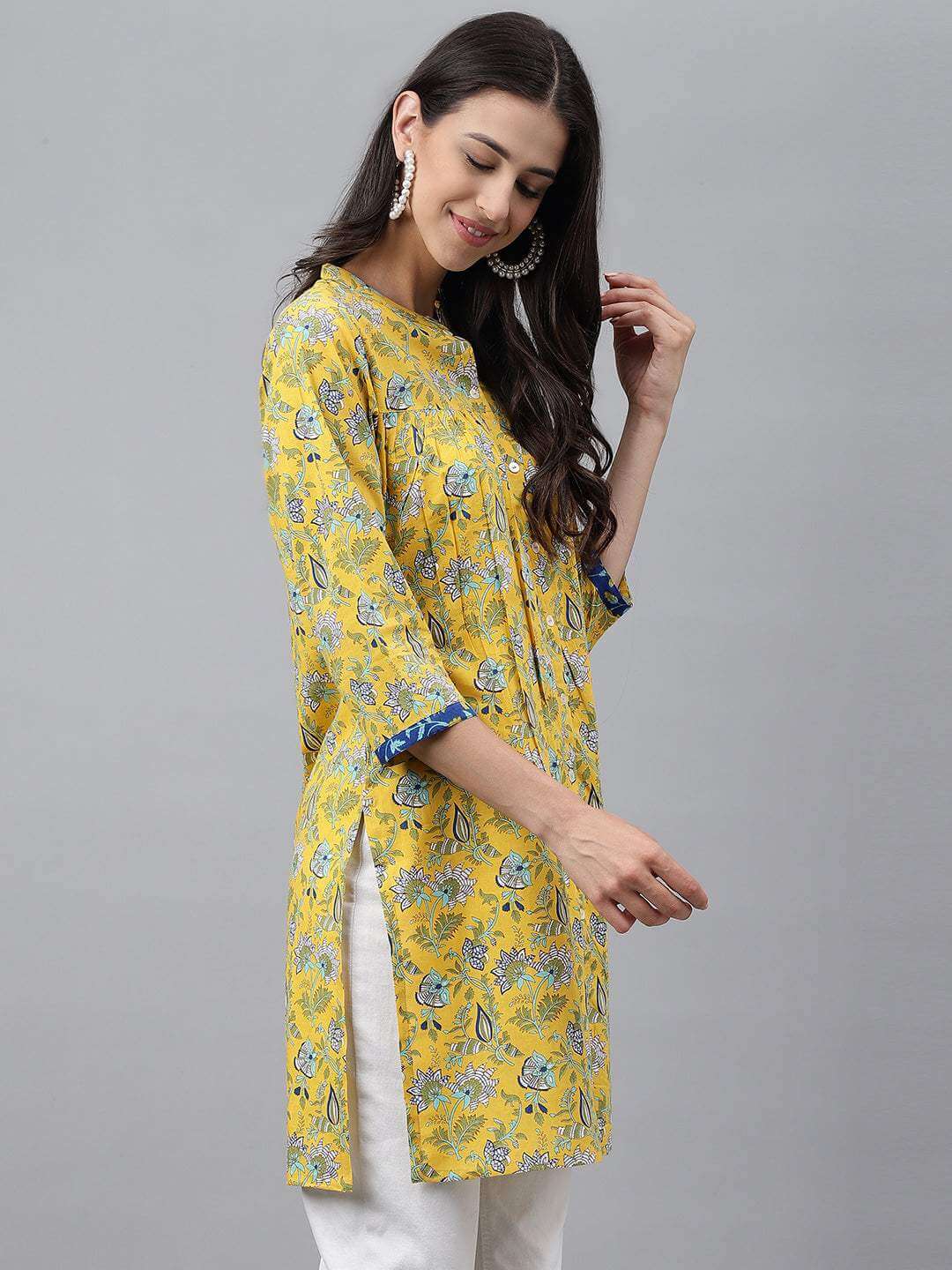 Yellow Cotton Floral Print Empire Tunic