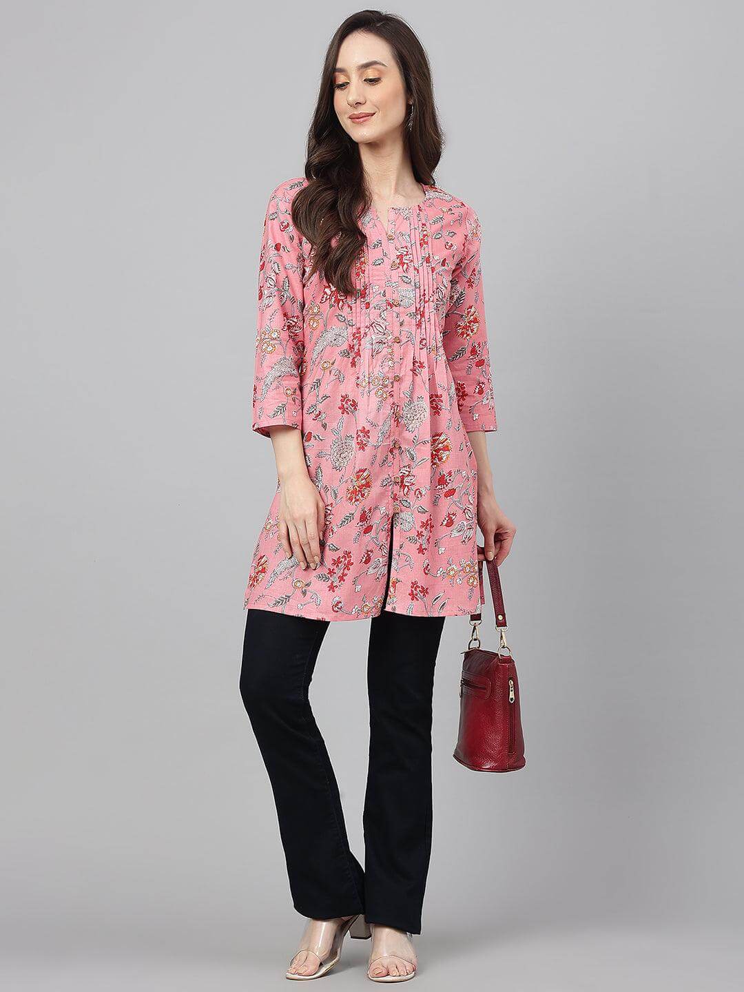 Pink Cambric Cotton Floral Print Gathered Tunic