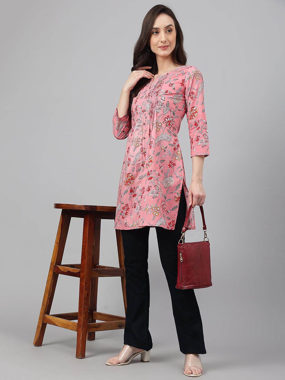 Pink Cambric Cotton Floral Print Gathered Tunic