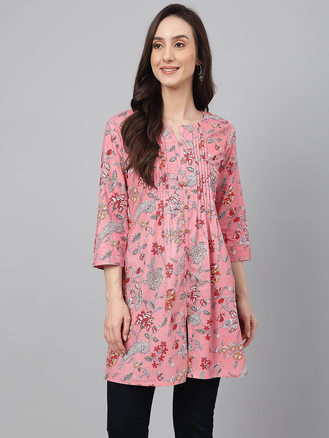 Pink Cambric Cotton Floral Print Gathered Tunic