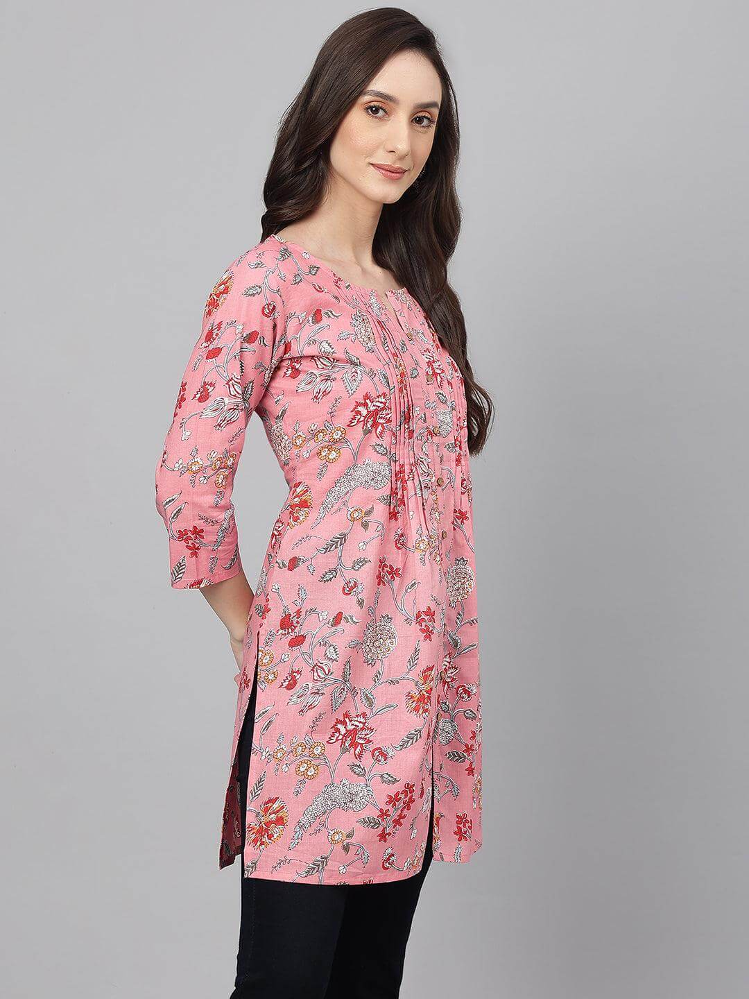 Pink Cambric Cotton Floral Print Gathered Tunic