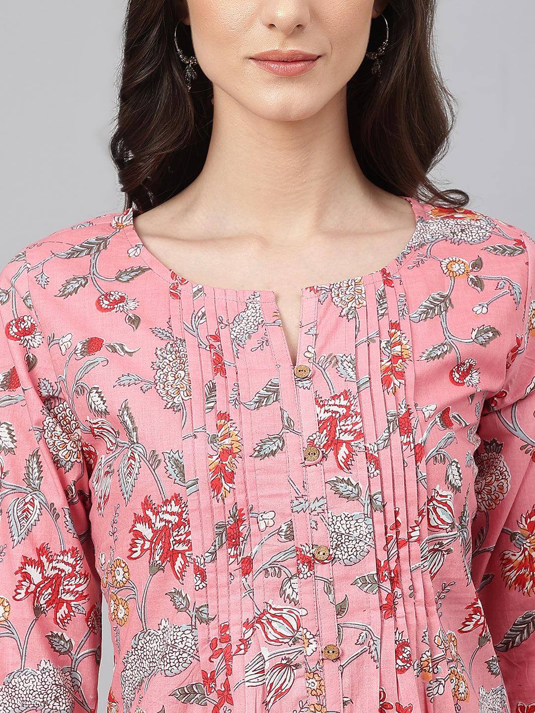 Pink Cambric Cotton Floral Print Gathered Tunic