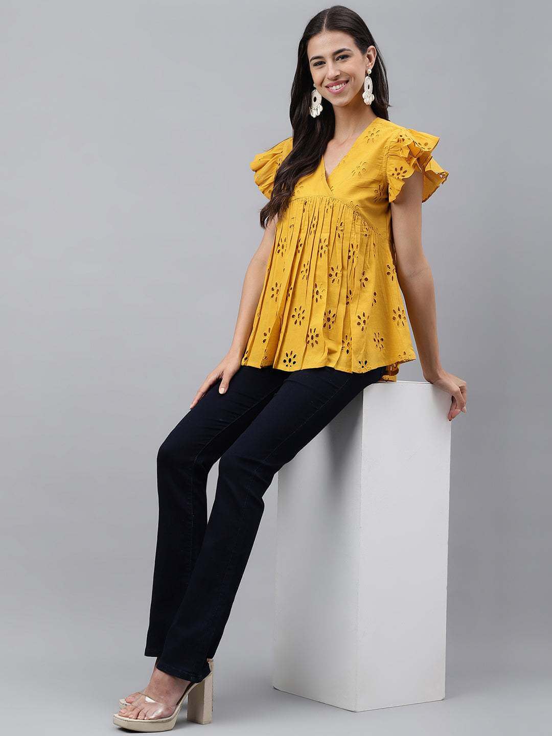 Mustard Cotton Schiffli Gathered Top