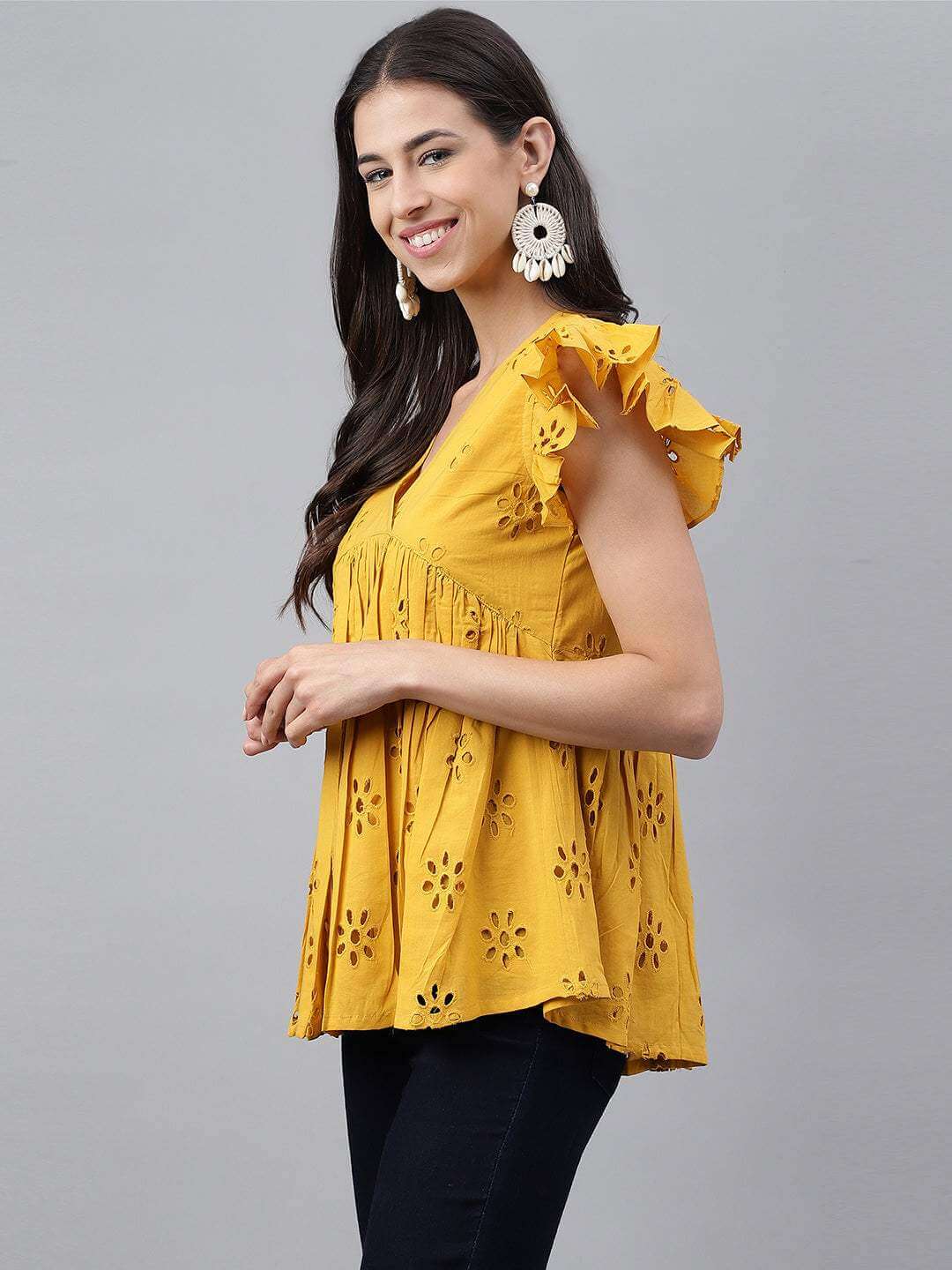 Mustard Cotton Schiffli Gathered Top