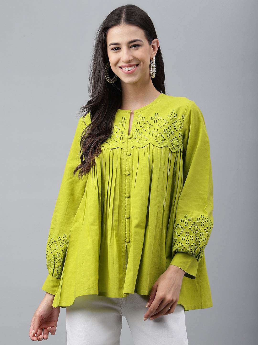 Lime Green Cotton Schiffli Flared Top