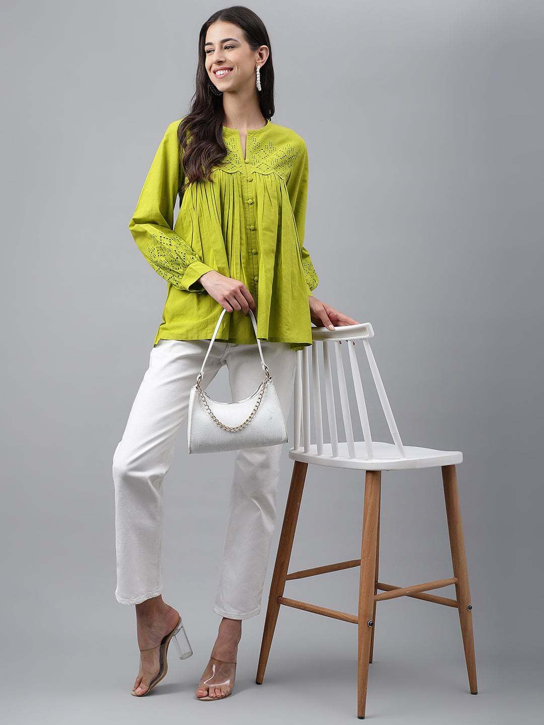 Lime Green Cotton Schiffli Flared Top