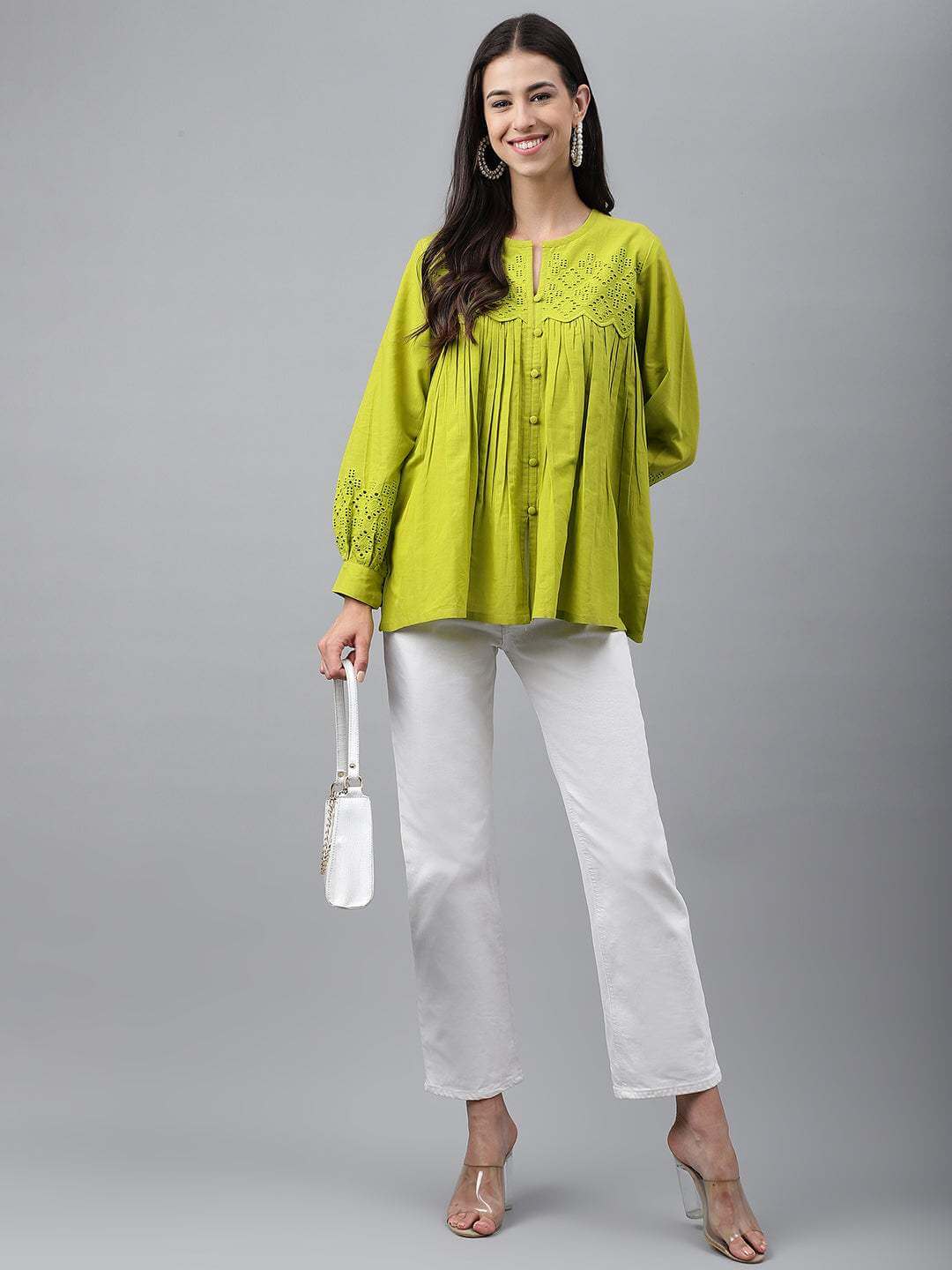 Lime Green Cotton Schiffli Flared Top