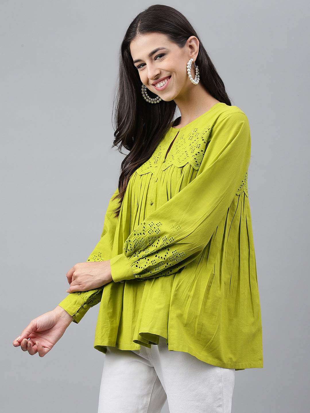 Lime Green Cotton Schiffli Flared Top