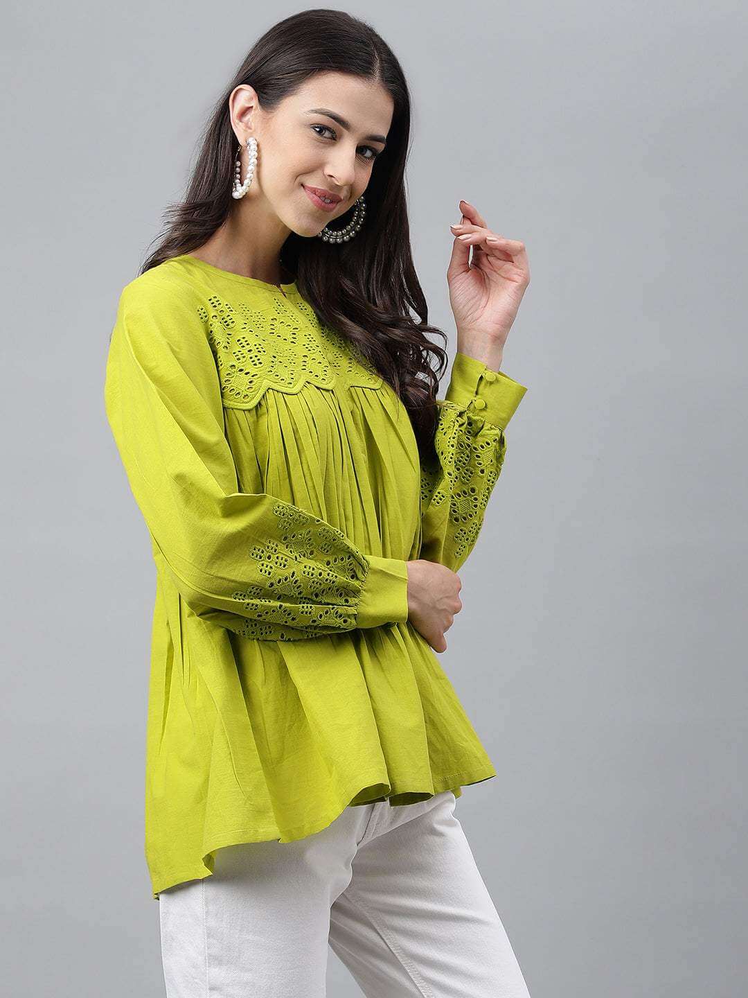 Lime Green Cotton Schiffli Flared Top