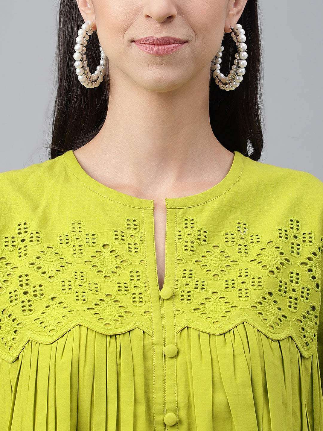 Lime Green Cotton Schiffli Flared Top