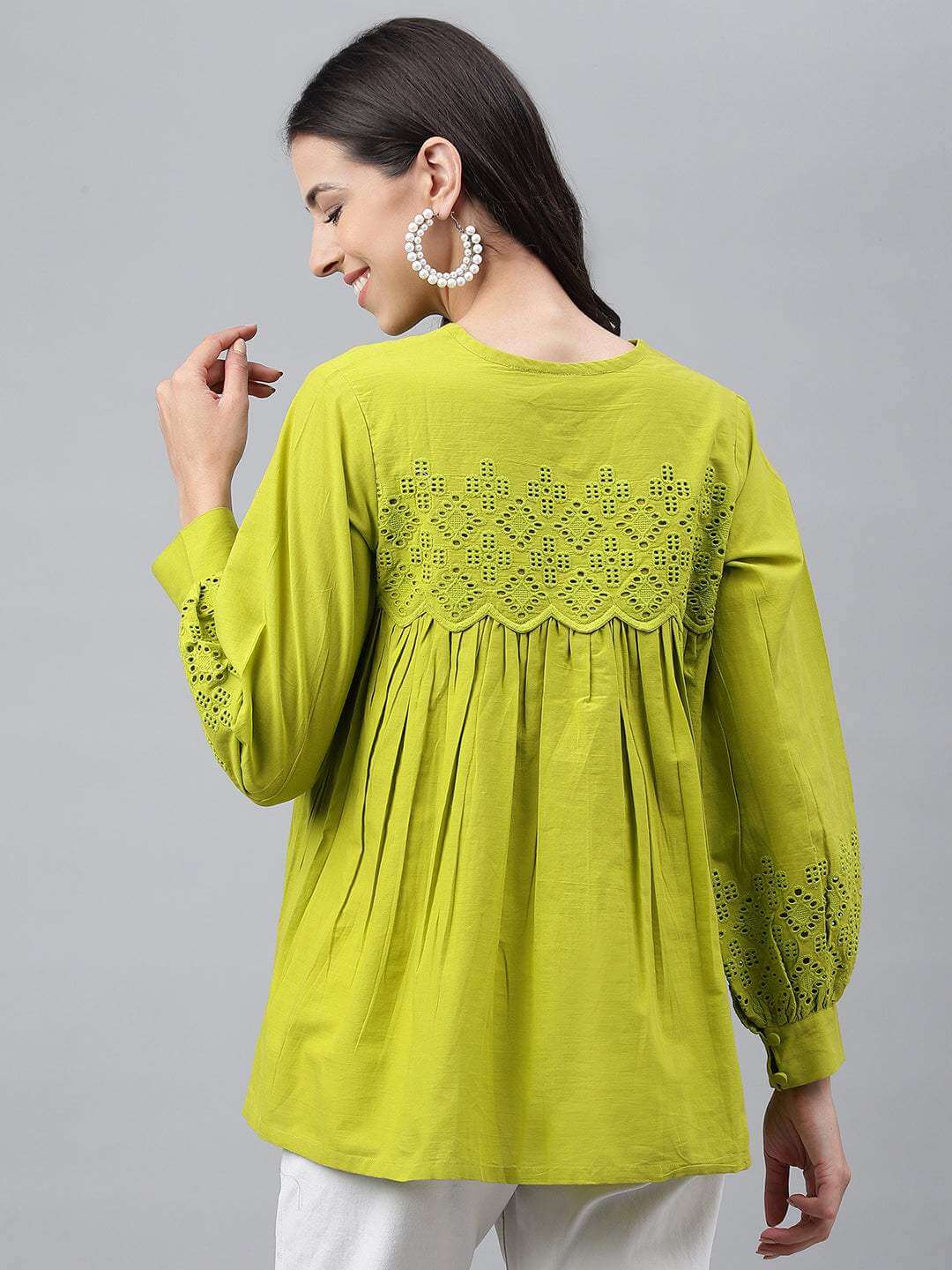 Lime Green Cotton Schiffli Flared Top