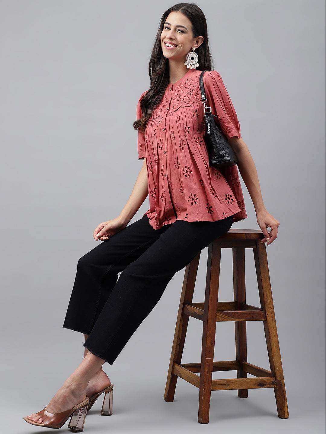 Pink Cotton Schiffli Gathered Top