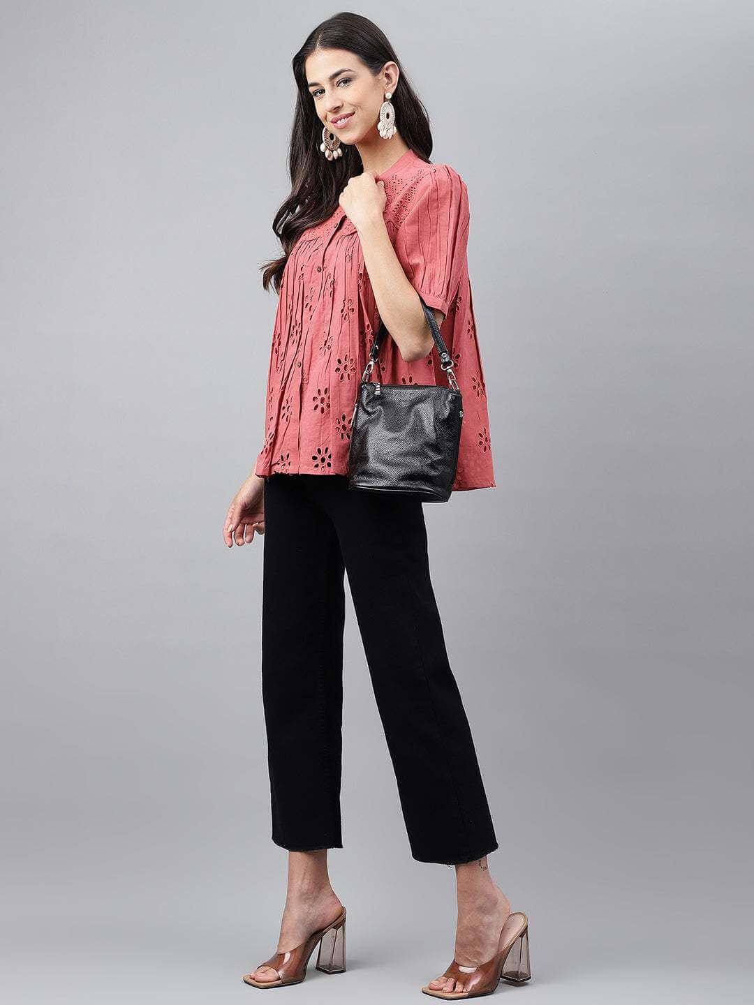 Pink Cotton Schiffli Gathered Top