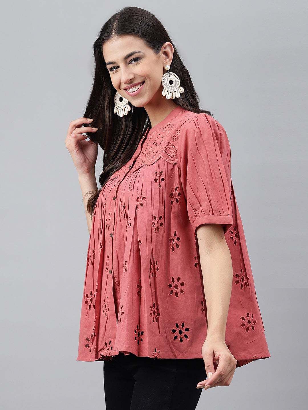 Pink Cotton Schiffli Gathered Top
