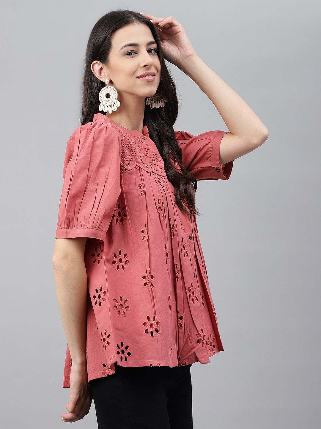 Pink Cotton Schiffli Gathered Top