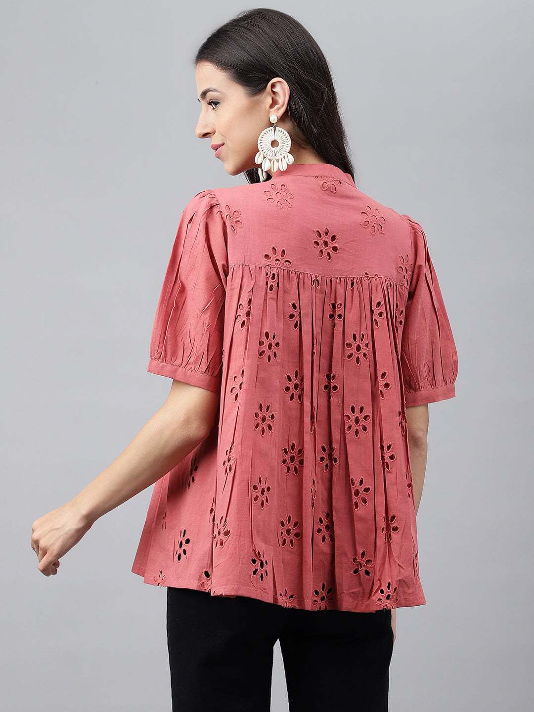Pink Cotton Schiffli Gathered Top