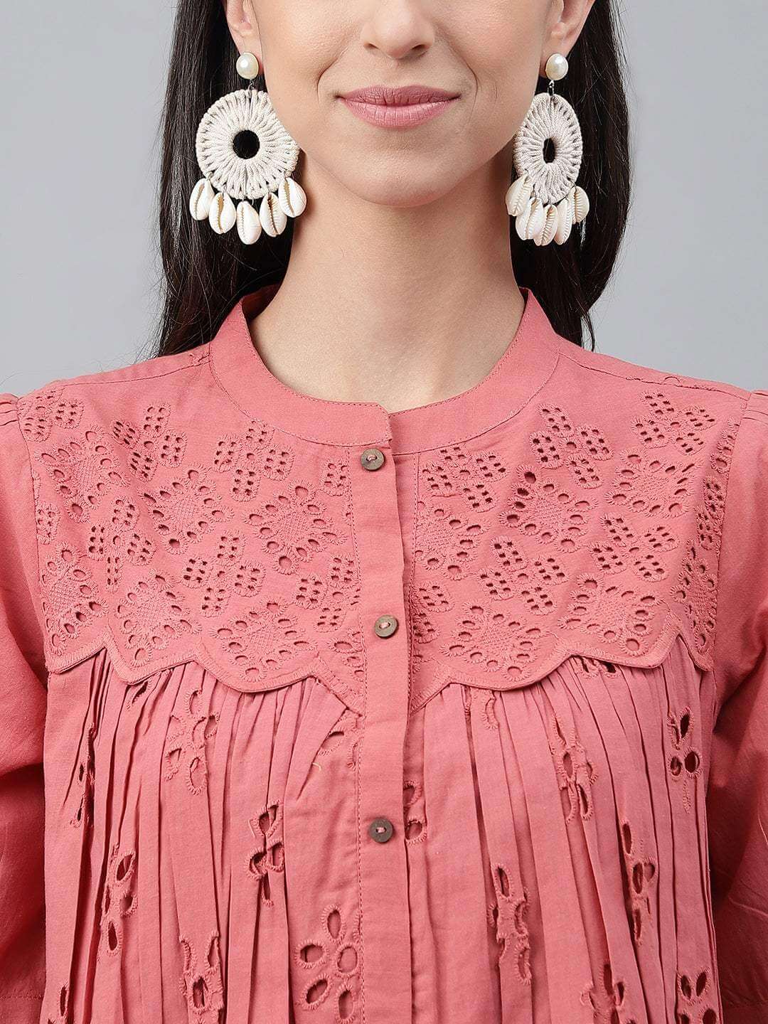 Pink Cotton Schiffli Gathered Top