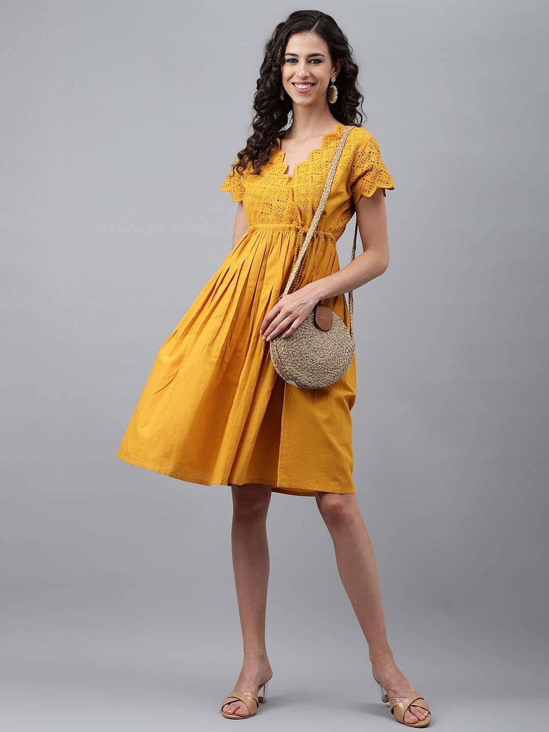 Yellow Cotton Schiffli Flared Dress