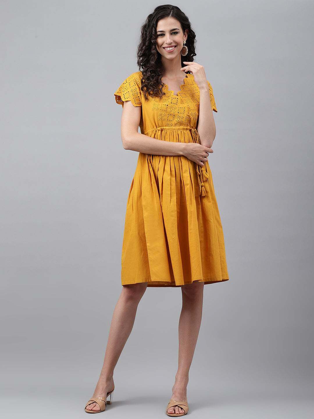 Yellow Cotton Schiffli Flared Dress