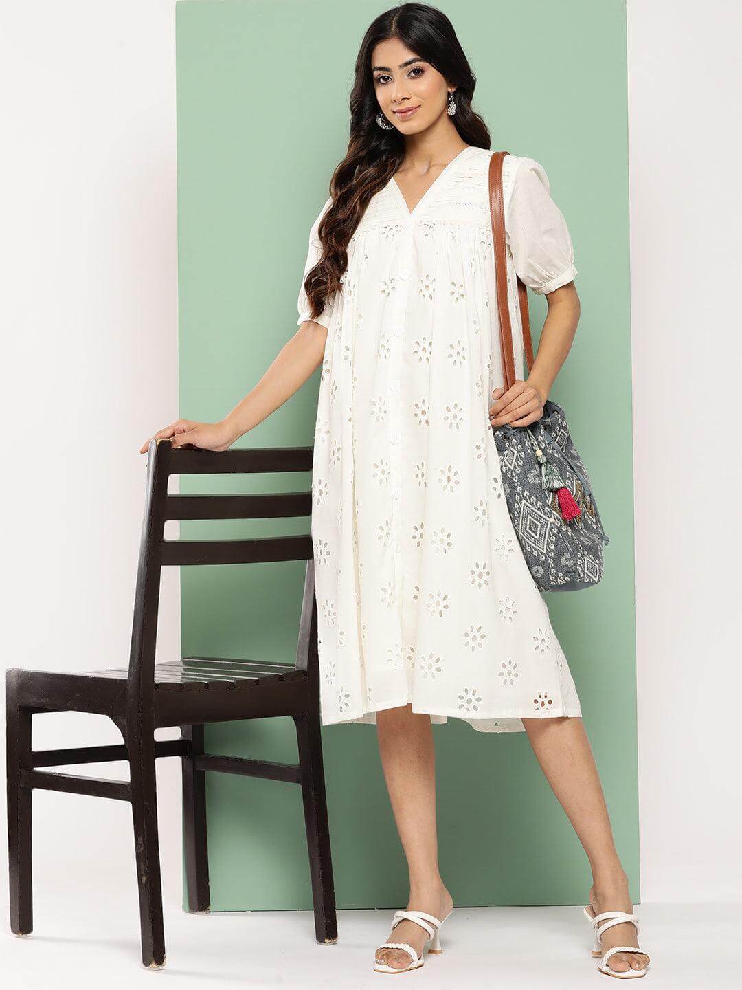 White Cotton Schiffli Empire Dress