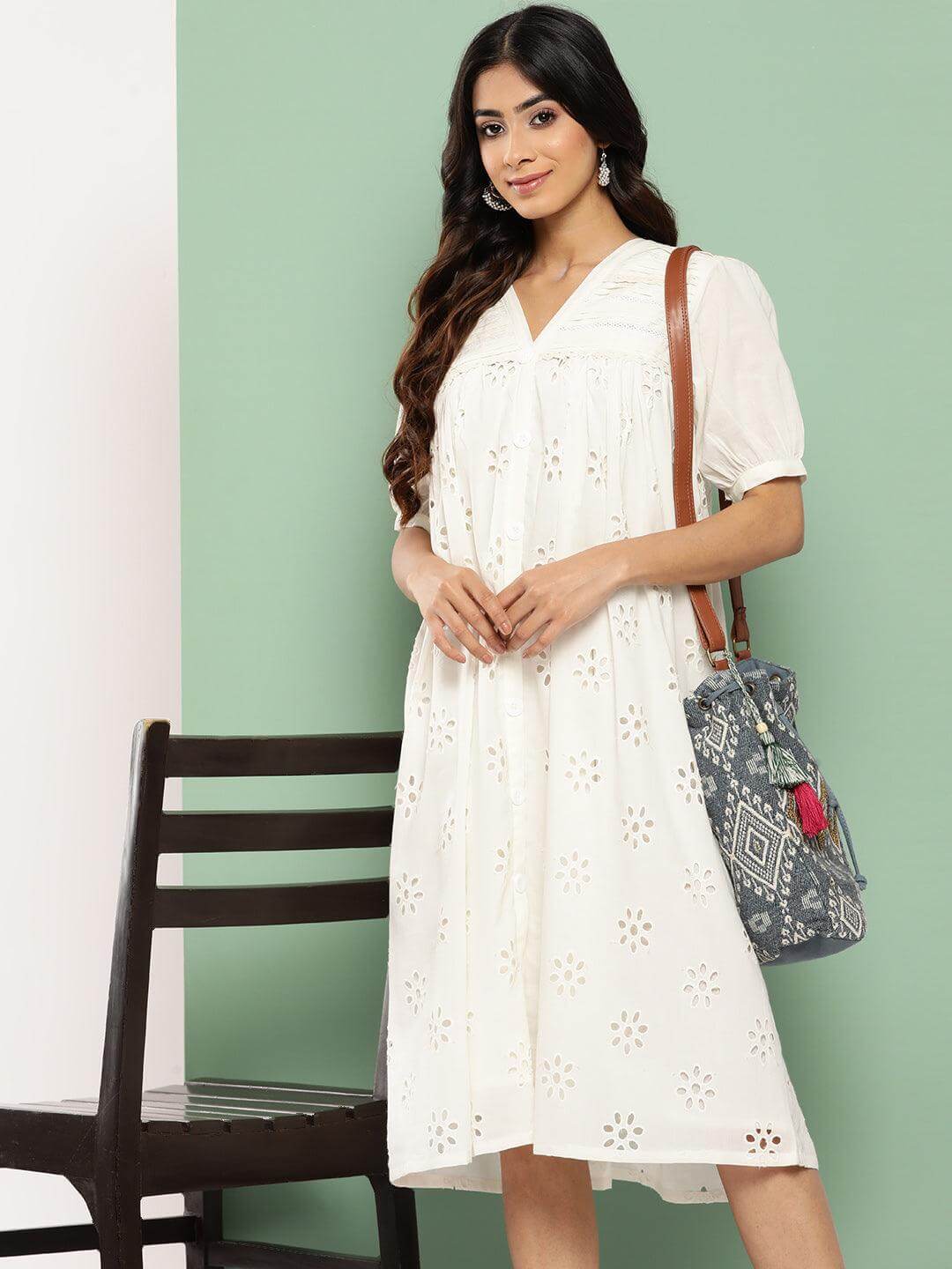 White Cotton Schiffli Empire Dress
