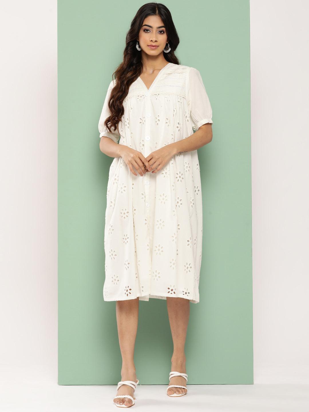 White Cotton Schiffli Empire Dress