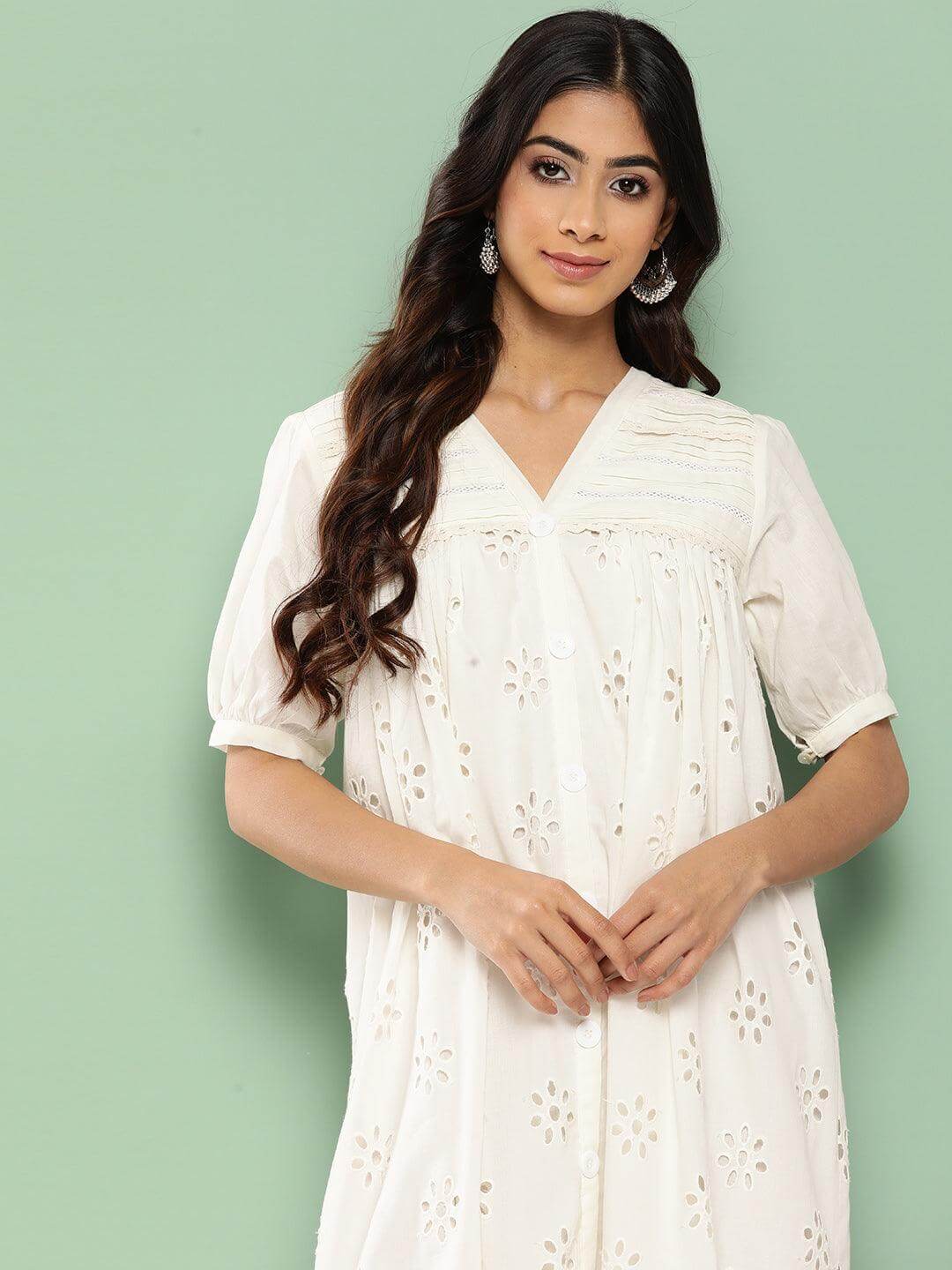 White Cotton Schiffli Empire Dress
