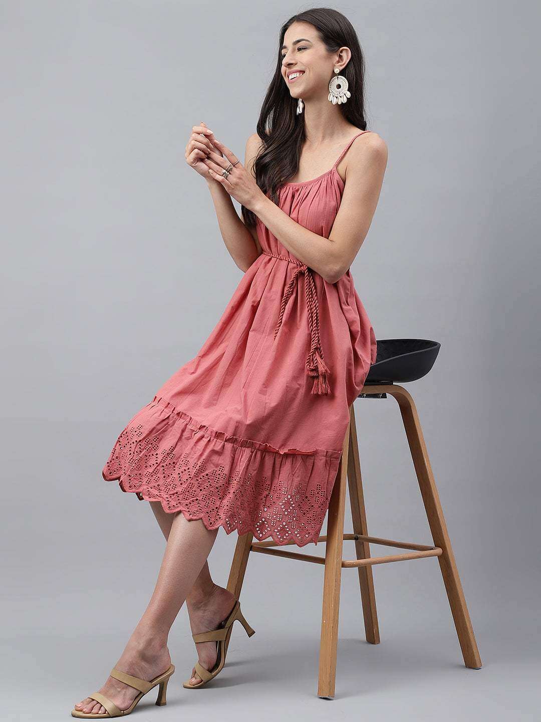 Pink Cotton Schiffli Flared Dress