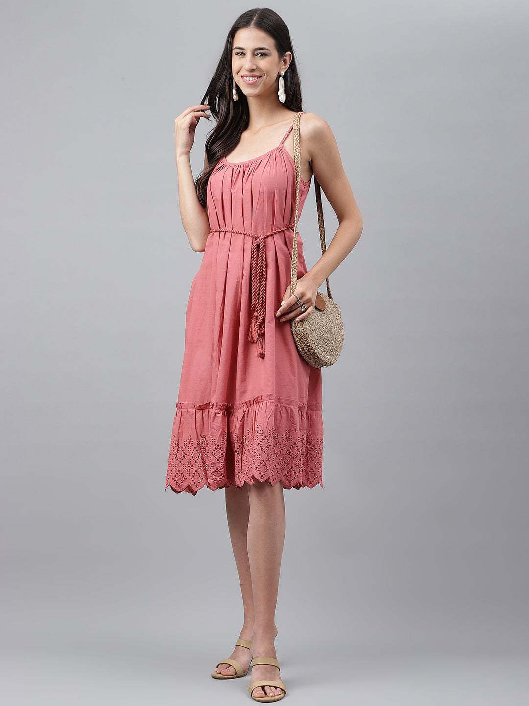 Pink Cotton Schiffli Flared Dress