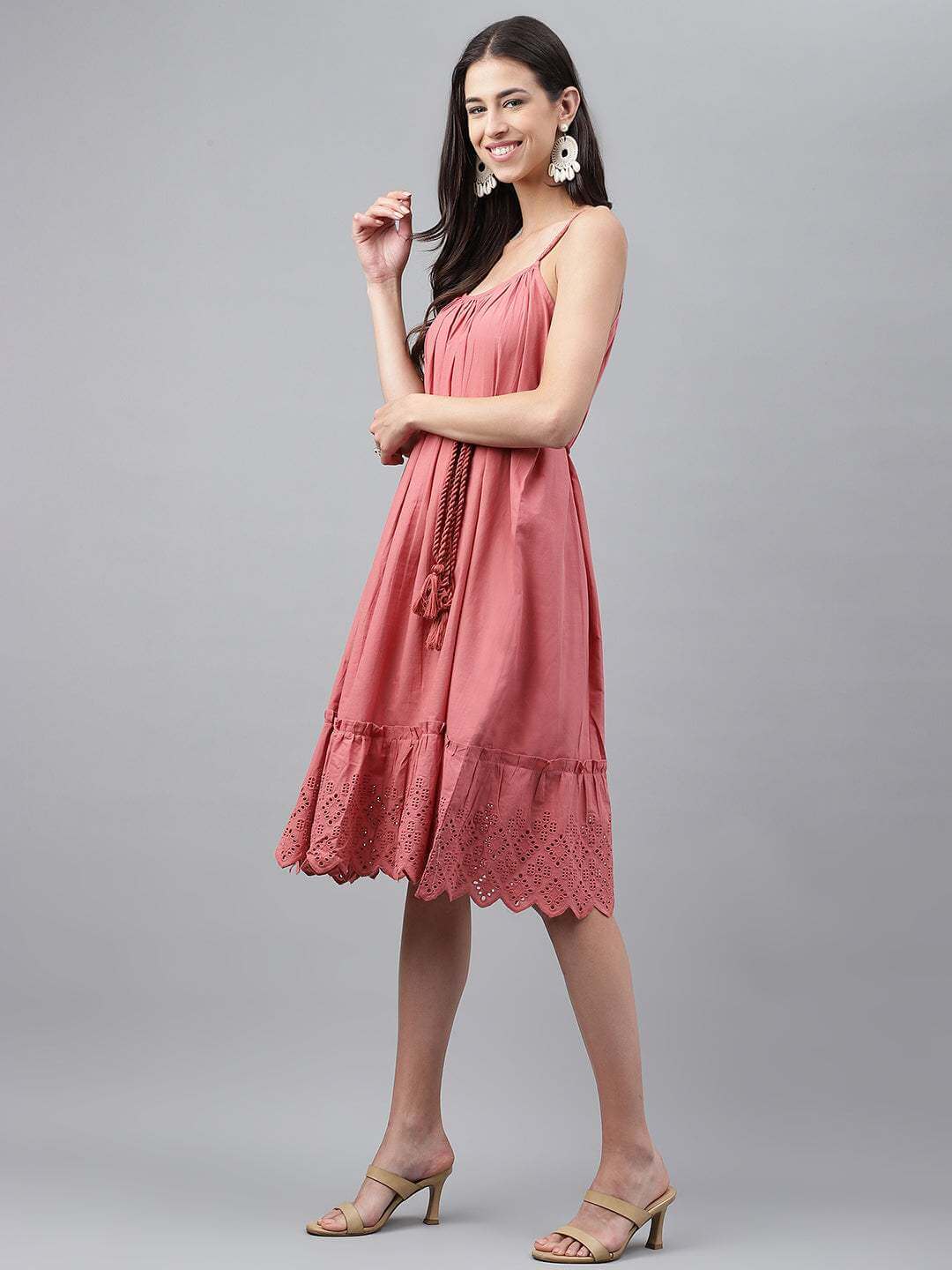 Pink Cotton Schiffli Flared Dress