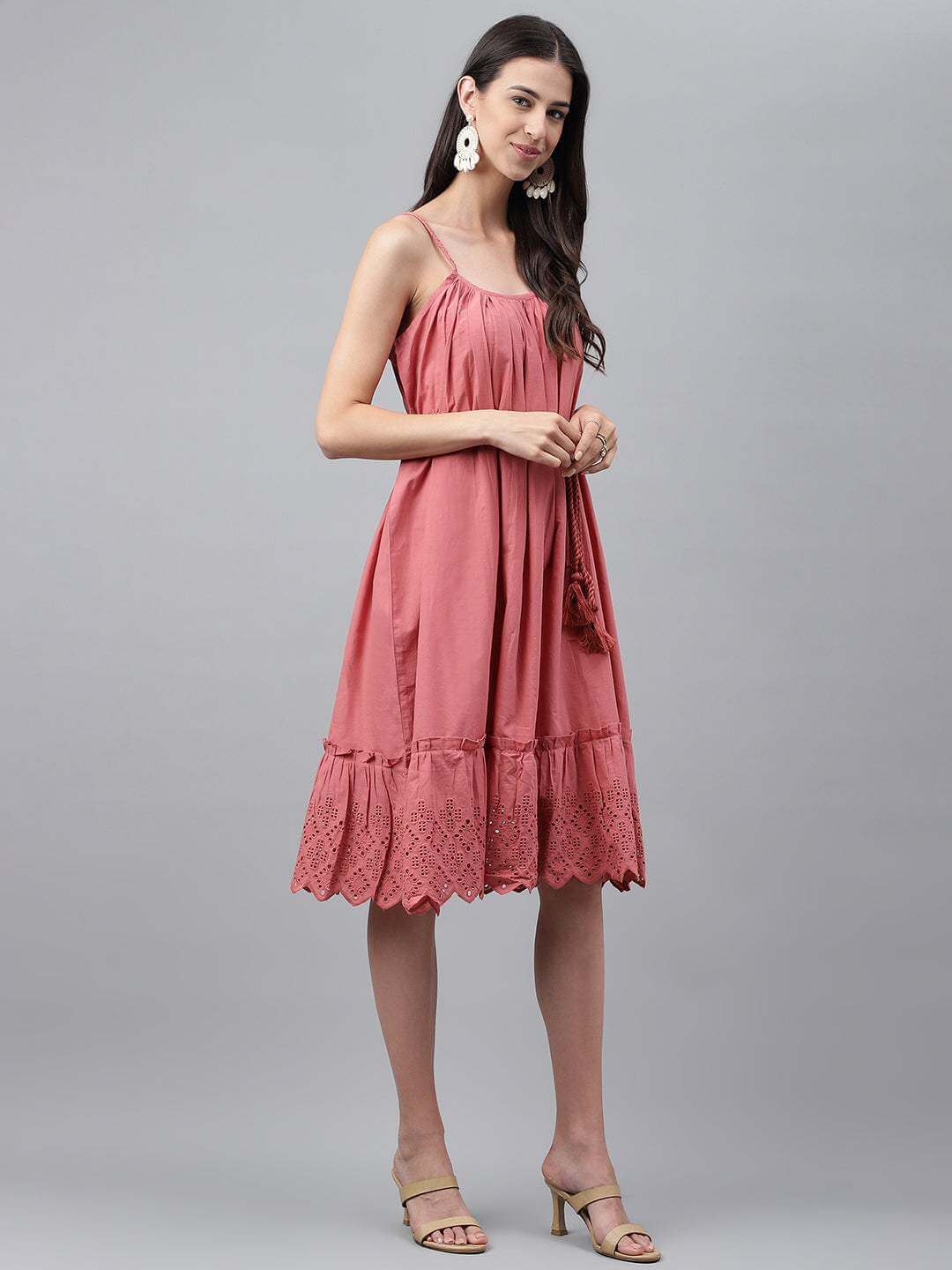 Pink Cotton Schiffli Flared Dress