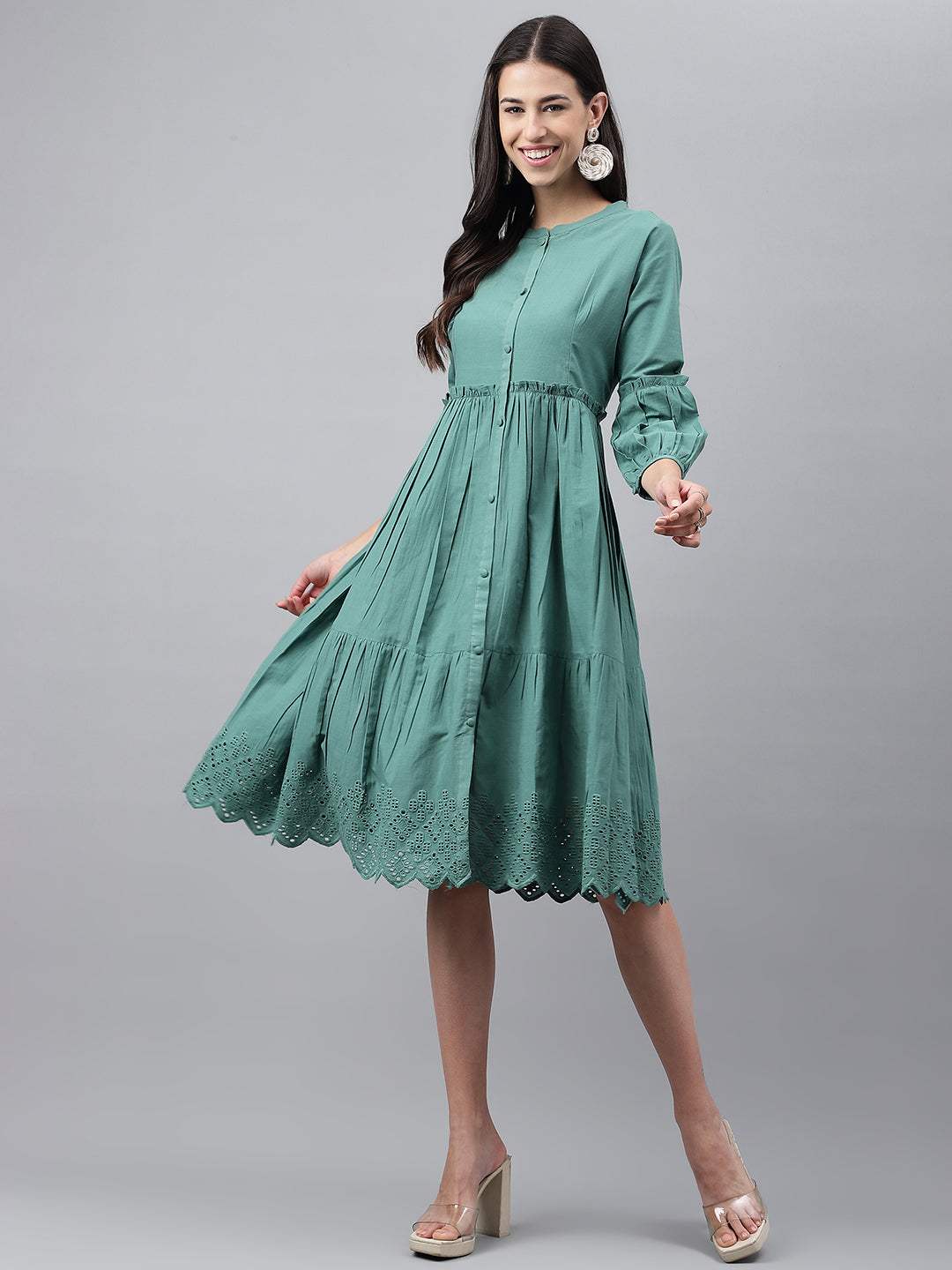 Green Cotton Schiffli Flared Dress