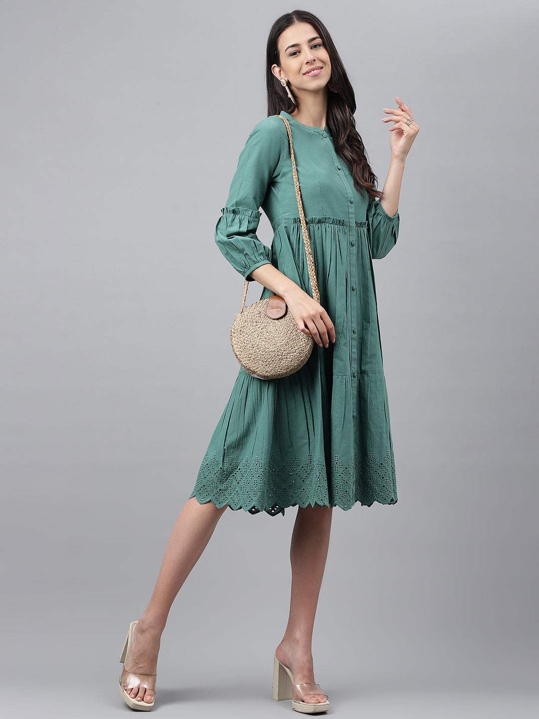 Green Cotton Schiffli Flared Dress