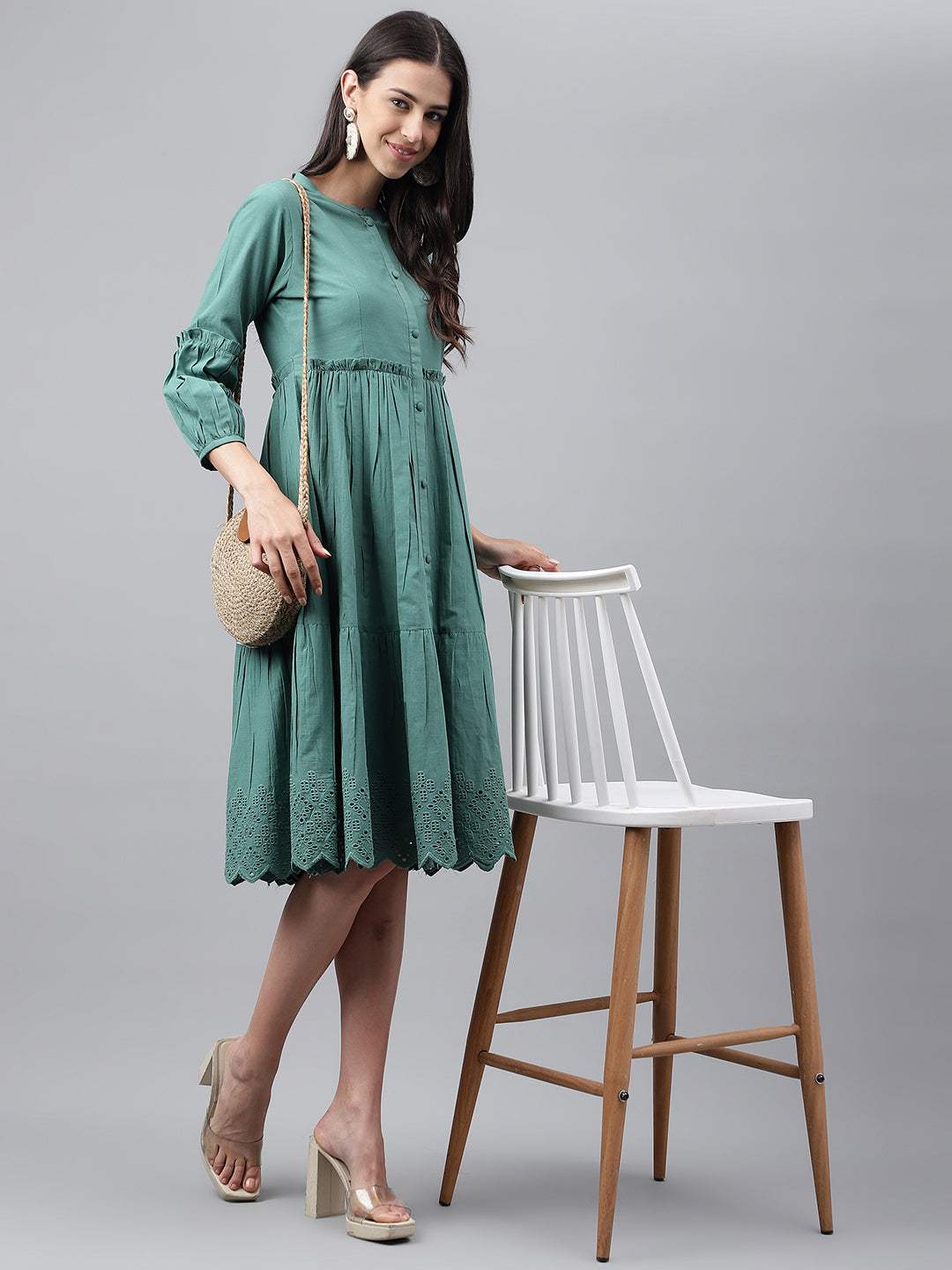 Green Cotton Schiffli Flared Dress