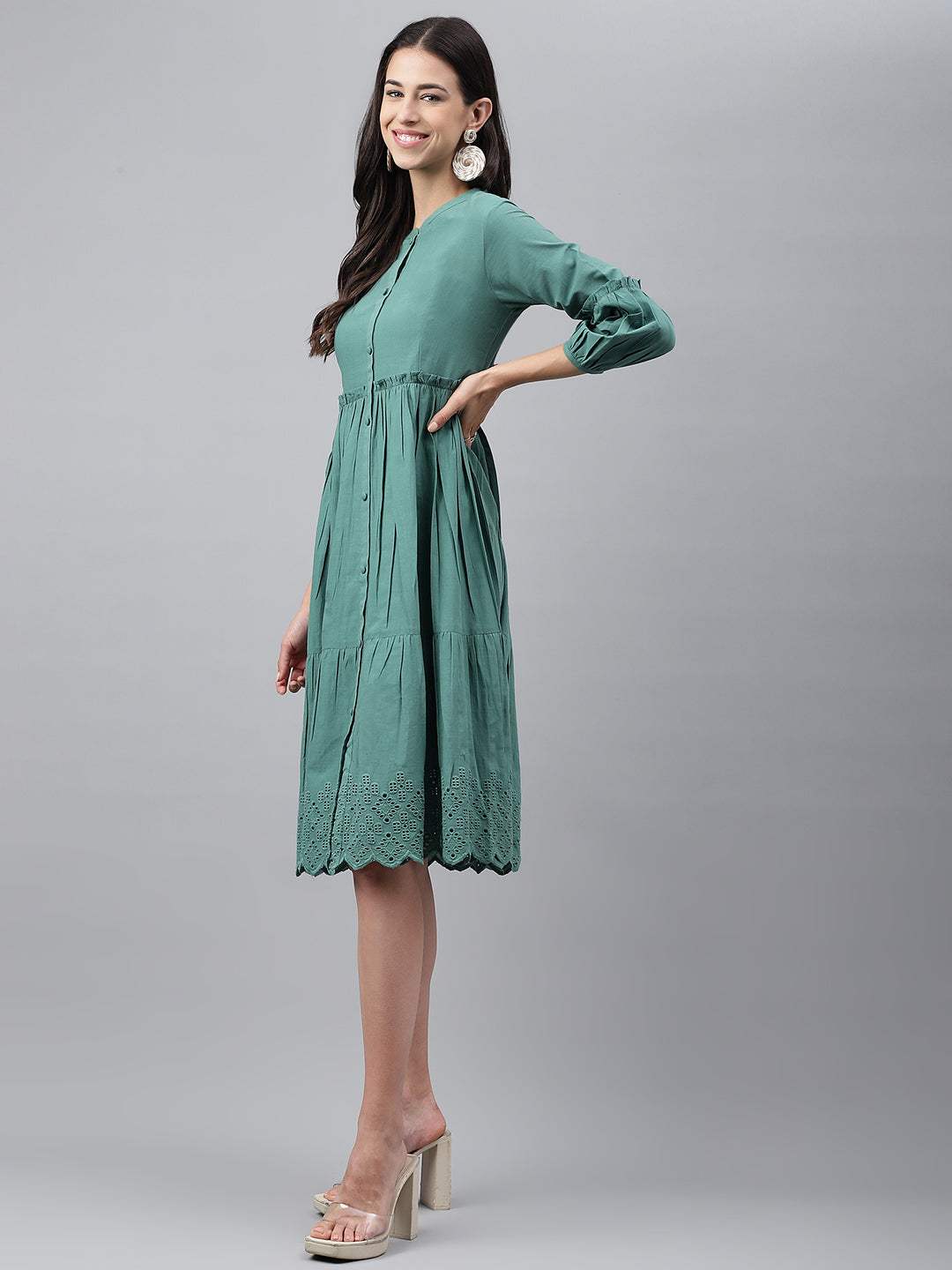 Green Cotton Schiffli Flared Dress