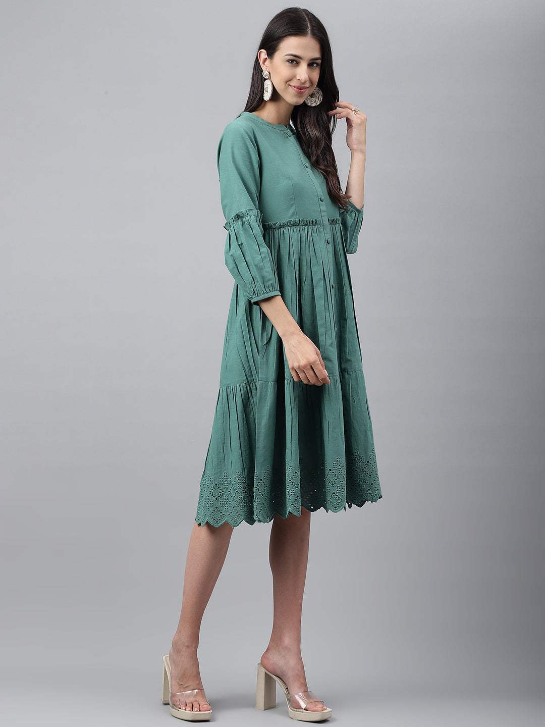 Green Cotton Schiffli Flared Dress