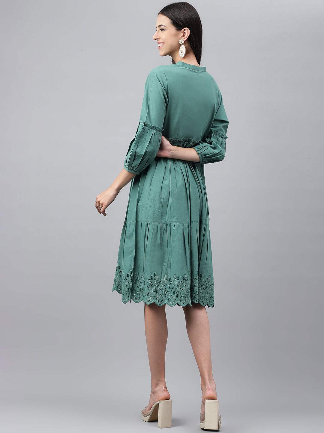 Green Cotton Schiffli Flared Dress