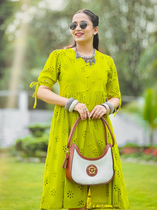 Lime Green Cotton Schiffli Flared Western Dress