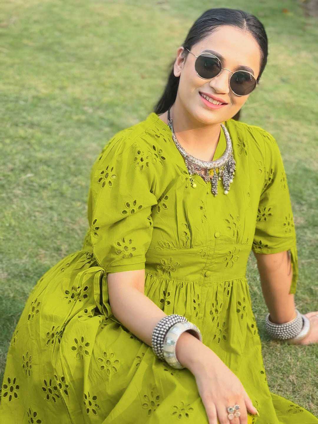 Lime Green Cotton Schiffli Flared Western Dress
