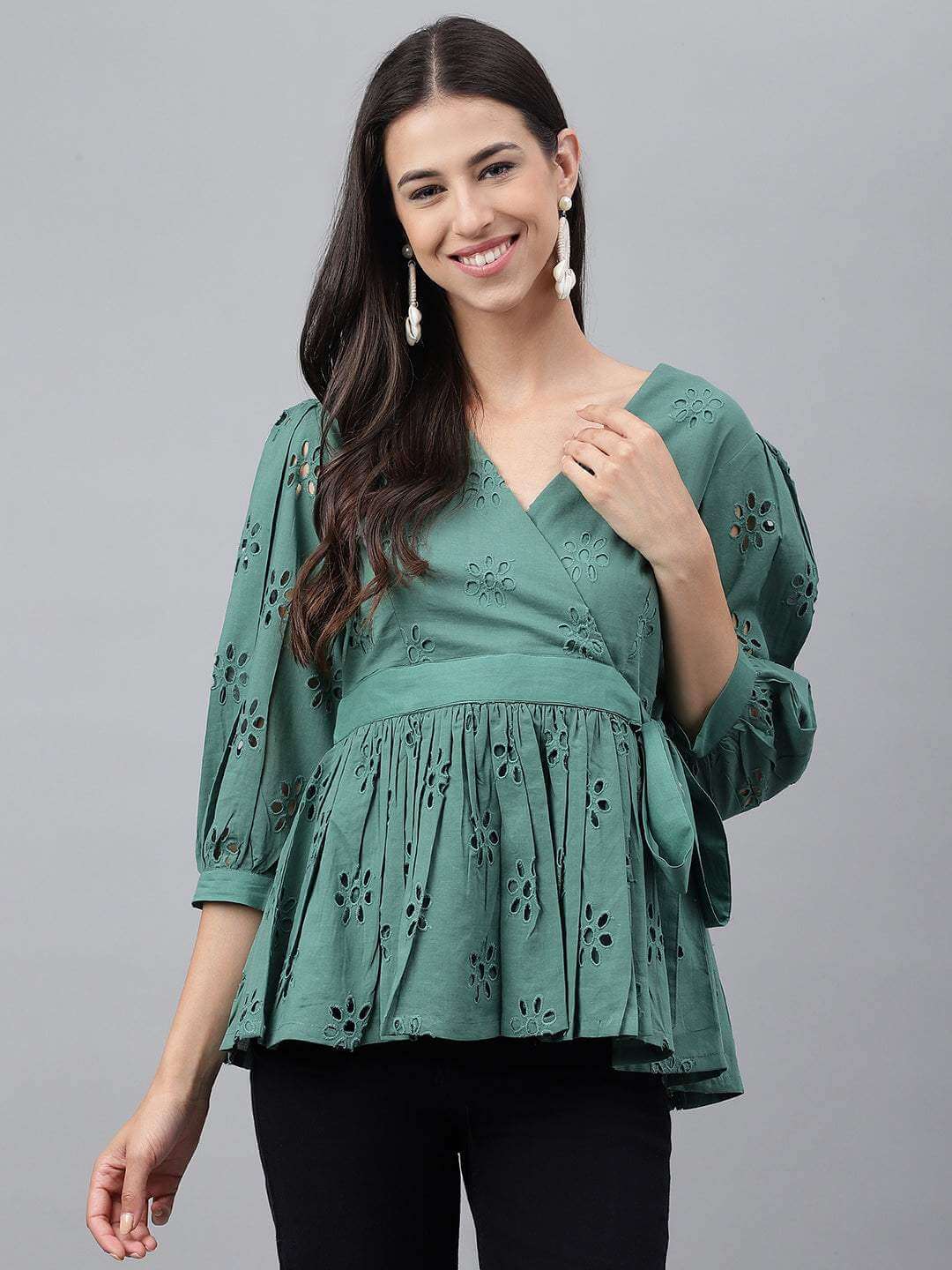 Green Cotton Schiffli Peplum Top