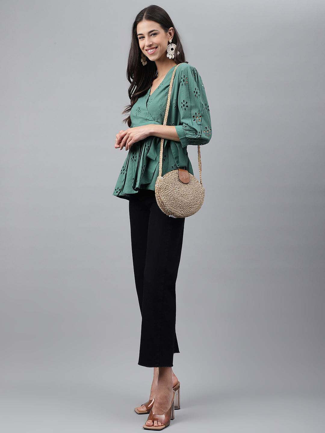 Green Cotton Schiffli Peplum Top