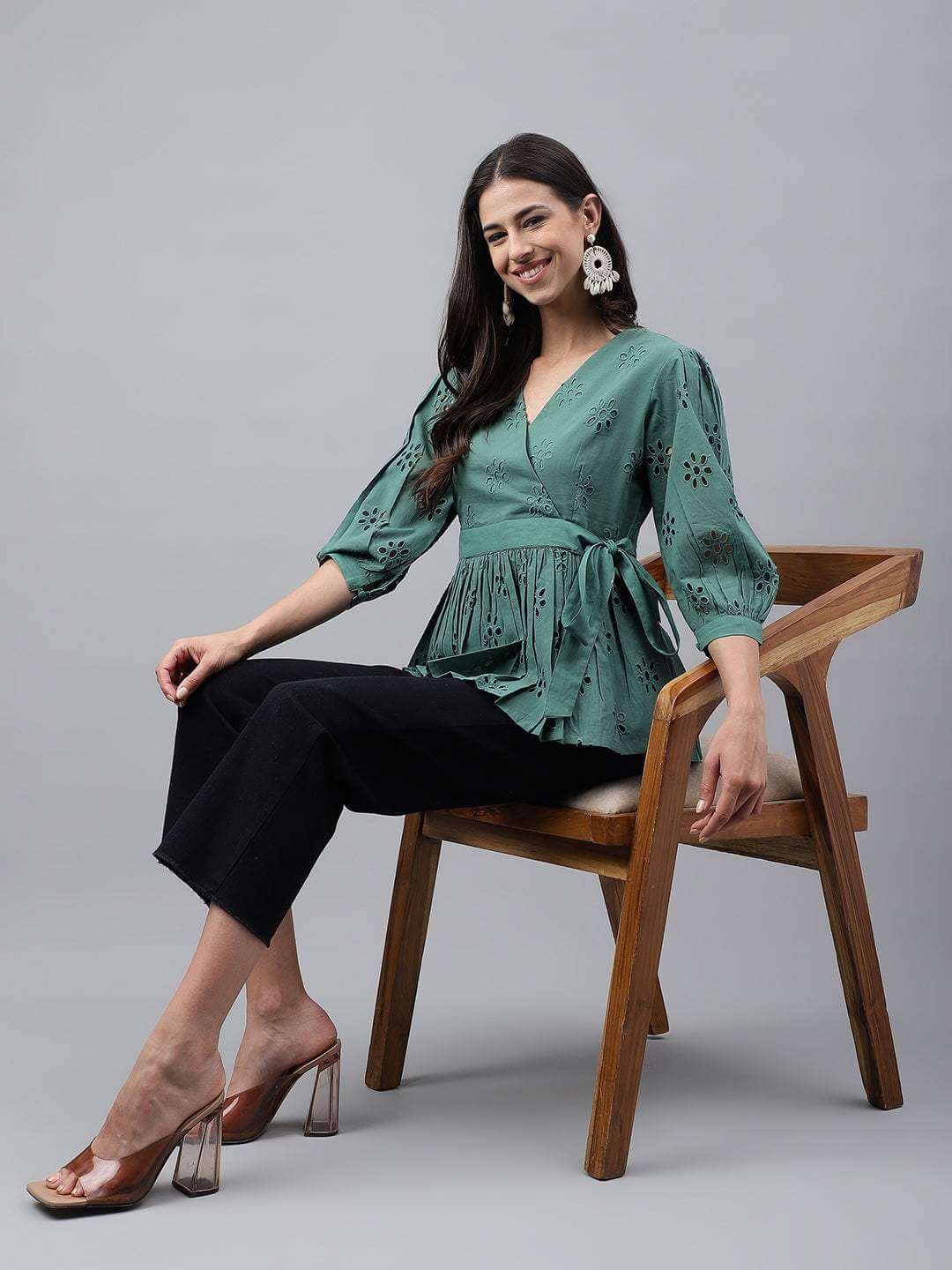 Green Cotton Schiffli Peplum Top