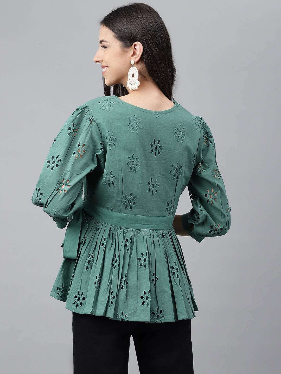 Green Cotton Schiffli Peplum Top