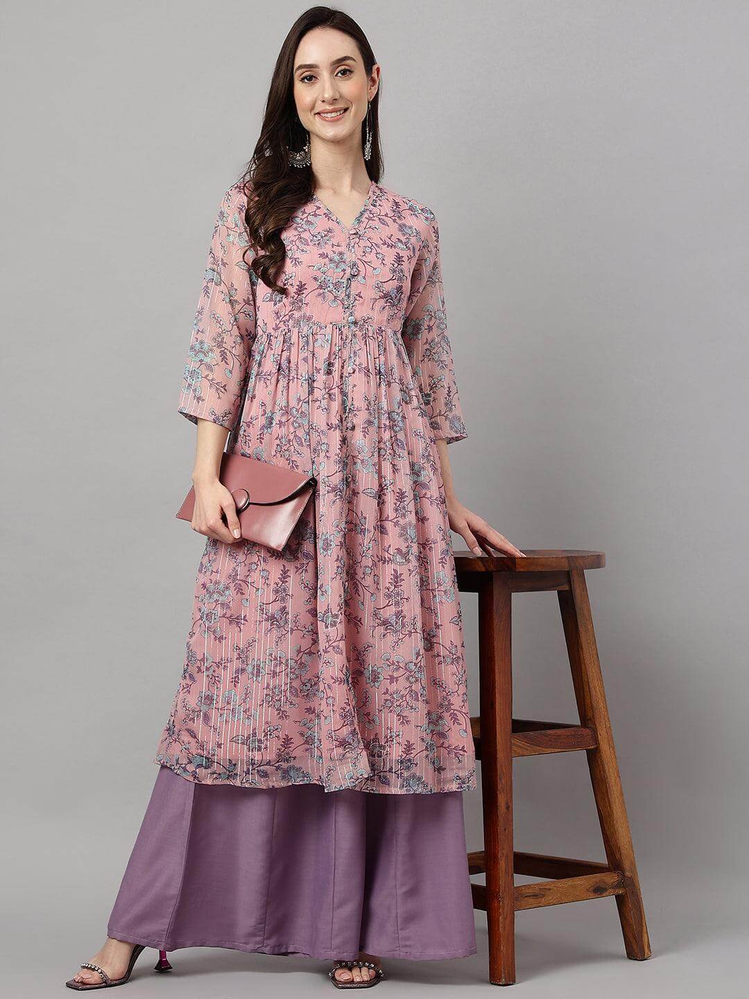 Women's Pink Chiffon Lurex Floral Printed Flared Kurta